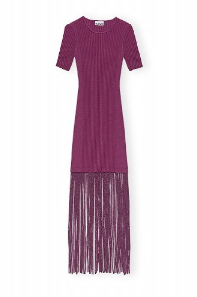 画像1: GANNI ガニー PURPLE MELANGE KNIT FRINGE SHORT SLEEVE MINI DRESS (1)