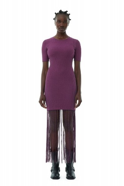 画像3: GANNI ガニー PURPLE MELANGE KNIT FRINGE SHORT SLEEVE MINI DRESS (3)