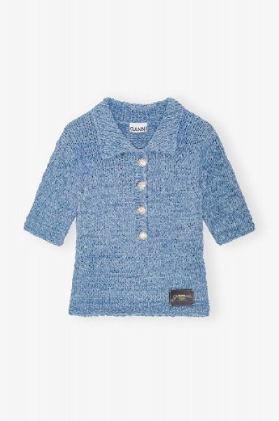 画像1: GANNI ガニー Blue Denim Handknit Polo ニットポロ (1)