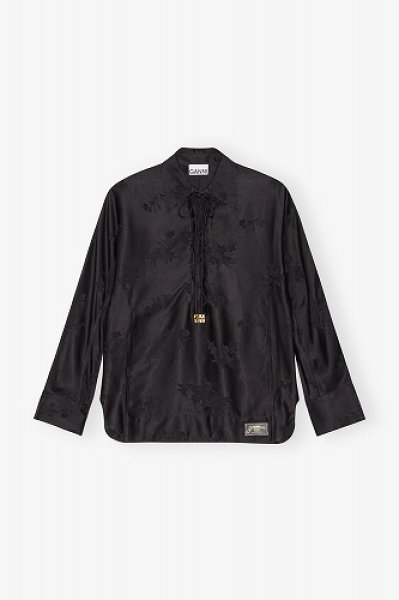 画像1: GANNI ガニー Black Satin Jacquard Tie String Shirt (1)