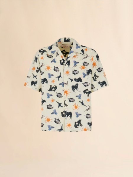 画像1: MARNI ブルー ポプリン製ボウリングシャツ オオカミ、カラス、ハトのプリント (1)