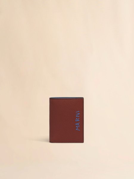 画像1: MARNI ブラウン レザー製 二つ折りウォレット、マルニメンディング刺繍入り (1)
