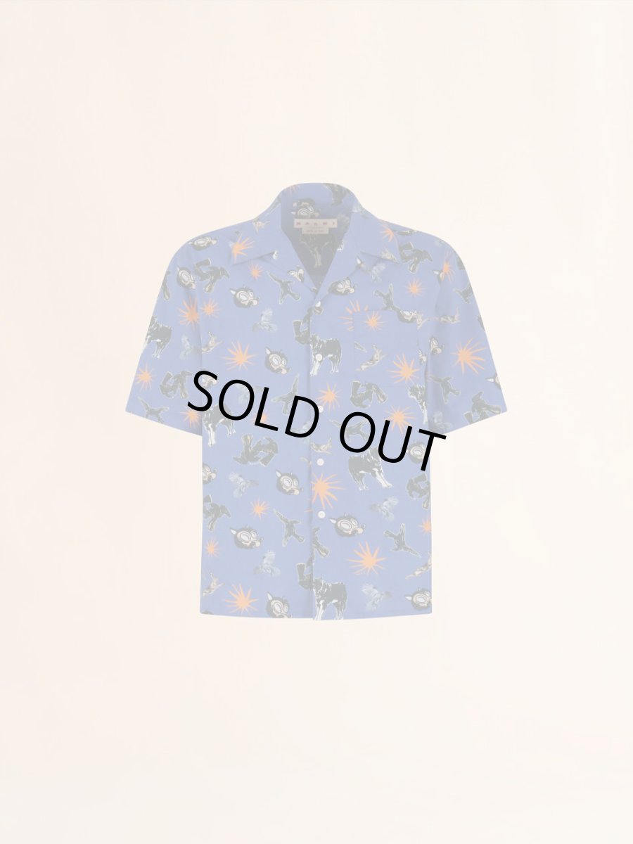 画像1: MARNI ブルー ポプリン製ボウリングシャツ オオカミ、カラス、ハトのプリント (1)