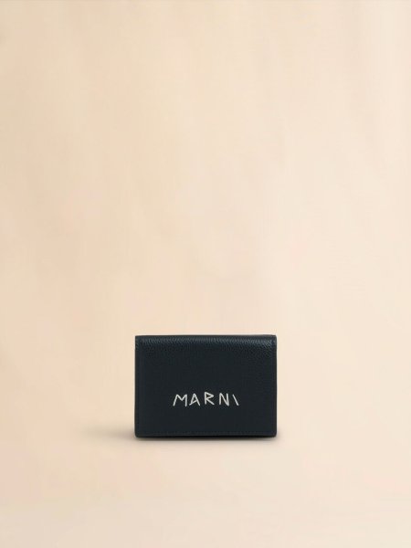 画像1: MARNI ブラック レザー製三つ折りウォレット、マルニメンディング刺繍入り (1)