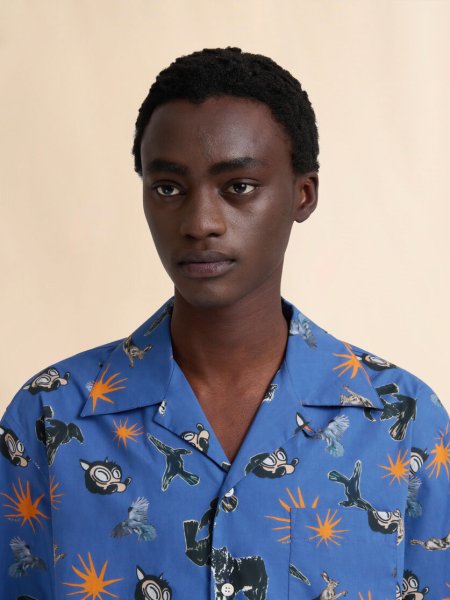 画像4: MARNI ブルー ポプリン製ボウリングシャツ オオカミ、カラス、ハトのプリント (4)