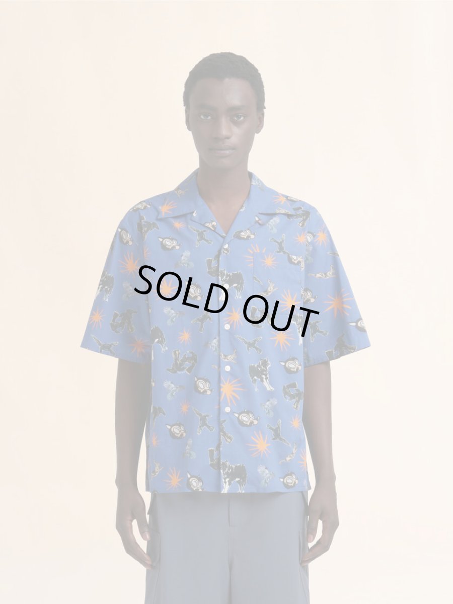 画像2: MARNI ブルー ポプリン製ボウリングシャツ オオカミ、カラス、ハトのプリント (2)