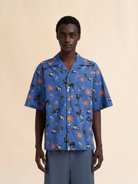 画像2: MARNI ブルー ポプリン製ボウリングシャツ オオカミ、カラス、ハトのプリント (2)