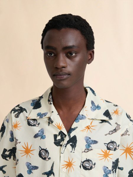 画像4: MARNI ブルー ポプリン製ボウリングシャツ オオカミ、カラス、ハトのプリント (4)