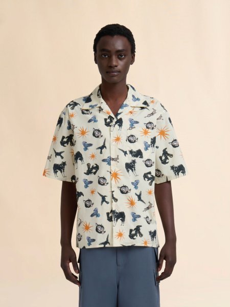 画像2: MARNI ブルー ポプリン製ボウリングシャツ オオカミ、カラス、ハトのプリント (2)