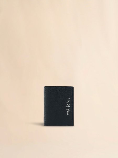 画像1: MARNI ブラック レザー製 二つ折りウォレット、マルニメンディング刺繍入り (1)
