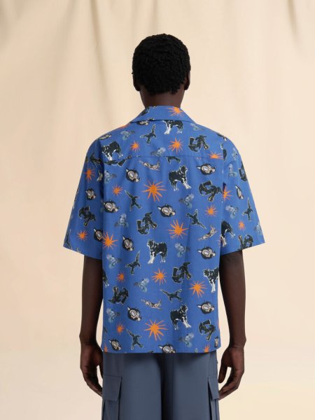 画像3: MARNI ブルー ポプリン製ボウリングシャツ オオカミ、カラス、ハトのプリント (3)