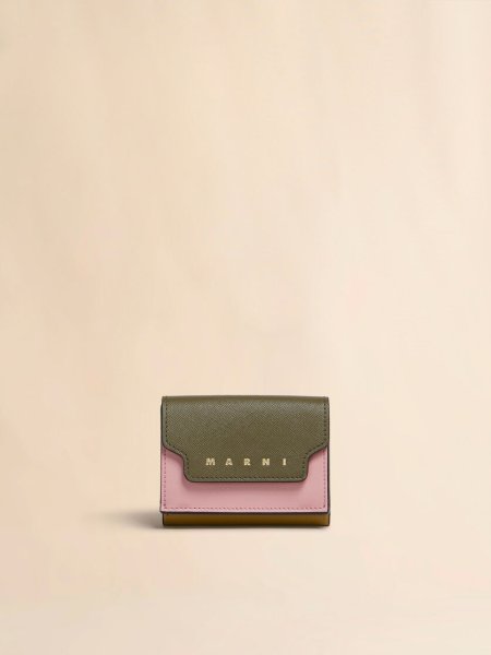 画像1: MARNI ディープグリーン ピンク マスタード サフィアーノレザー製三つ折りウォレット (1)