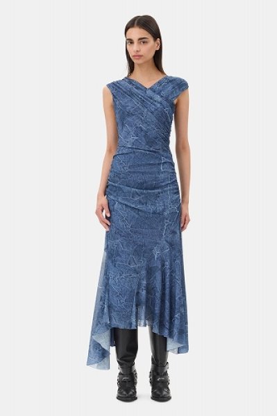 画像1: GANNI ガニー Blue Mesh Ruched Dress (1)
