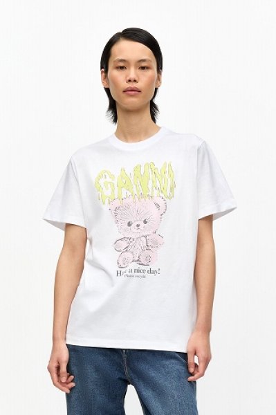 画像3: GANNI ガニー White Basic Cotton Jersey Teddy Relaxed T-shirt (3)