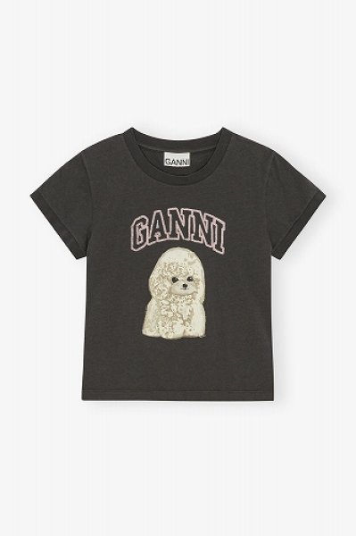画像1: GANNI ガニー Black Poodle Graphic Cropped T-shirt (1)