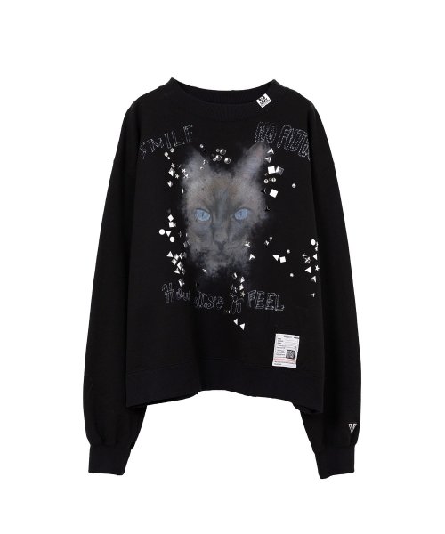 画像1: Maison MIHARA YASUHIRO Cat Printed Embellished Distressed Sweatshirt Black (1)