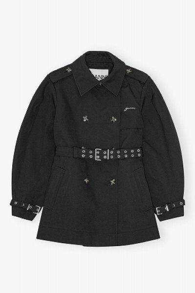 画像1: GANNI ガニー Black Heavy Twill Midi Trench Coat (1)