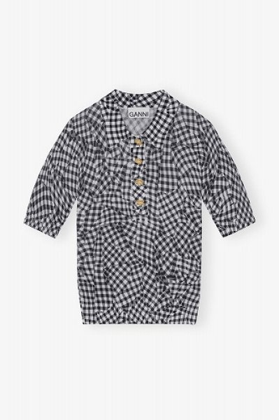 画像1: GANNI ガニー Black Sheer Cotton Printed Polo Shirt (1)