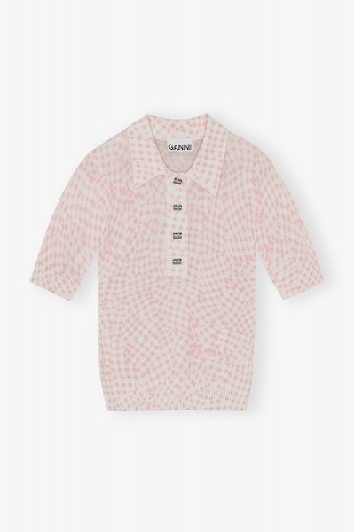 画像1: GANNI ガニー Black Sheer Cotton Printed Polo Shirt (1)