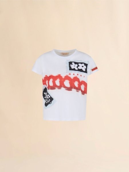 画像1: MARNI  ホワイト コットン製Tシャツ プリントとパッチ入り (1)