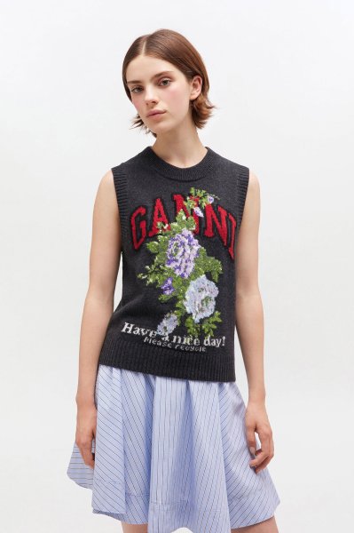 画像2: GANNI ガニー Dark Grey Rose Wool Vest (2)