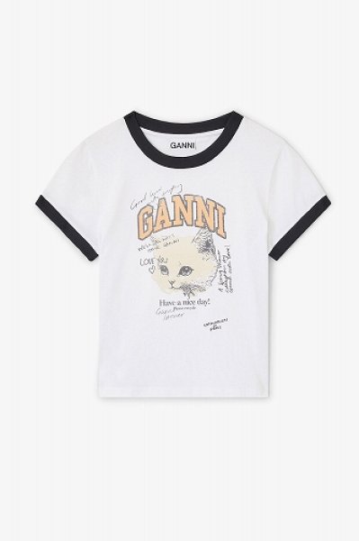 画像1: GANNI ガニー White Cropped Kitty T-shirt (1)