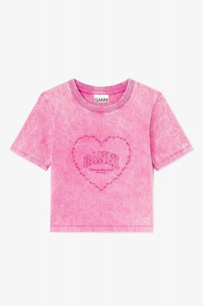 画像1: GANNI ガニー Pink Washed Heart Cropped T-shirt (1)