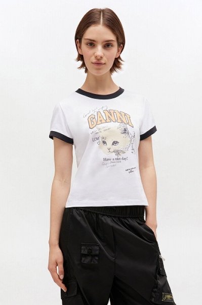 画像2: GANNI ガニー White Cropped Kitty T-shirt (2)