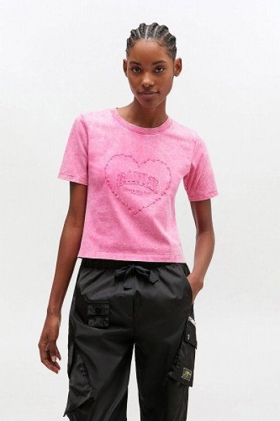 画像2: GANNI ガニー Pink Washed Heart Cropped T-shirt (2)
