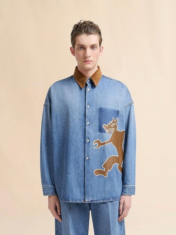 正規取扱店販売品】MARNI ブルー ブルーデニムシャツ オオカミのパッチ