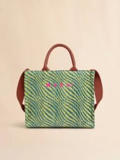 画像1: MARNI グリーン 波模様のラフィアエフェクト スモールトートバッグ (1)