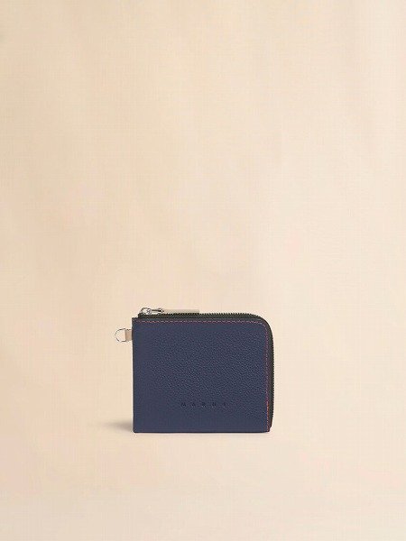 画像1: MARNI ブルー レザー製ラウンドファスナーウォレット、コントラストステッチ入り (1)