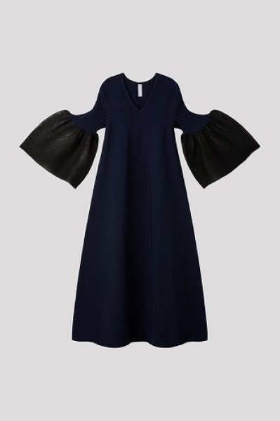 画像1: CFCL POTTERY LUCENT LONG BELL SLEEVE FLARE DRESS(NAVY) (1)