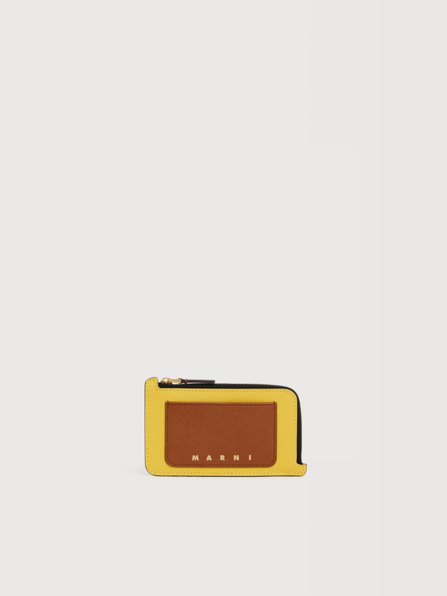 画像1: MARNI イエロー、ブラウン＆トープ サフィアーノレザー 箔押しロゴ Trunk ジップカードホルダー (1)