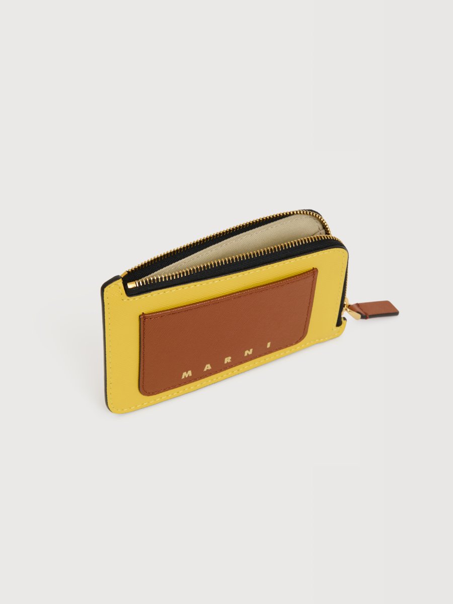 画像3: MARNI イエロー、ブラウン＆トープ サフィアーノレザー 箔押しロゴ Trunk ジップカードホルダー (3)