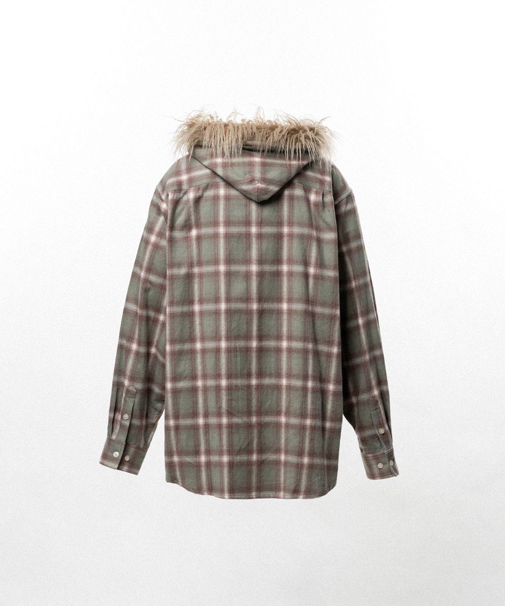 画像2: KAMIYA Fur-Trimmed Hooded Check Shirt (2)