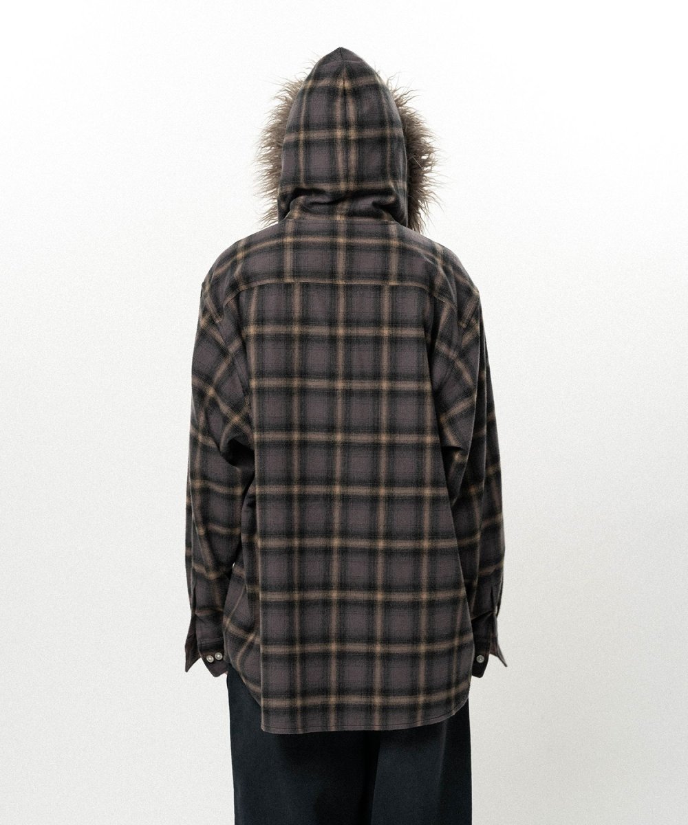 画像9: KAMIYA Fur-Trimmed Hooded Check Shirt (9)