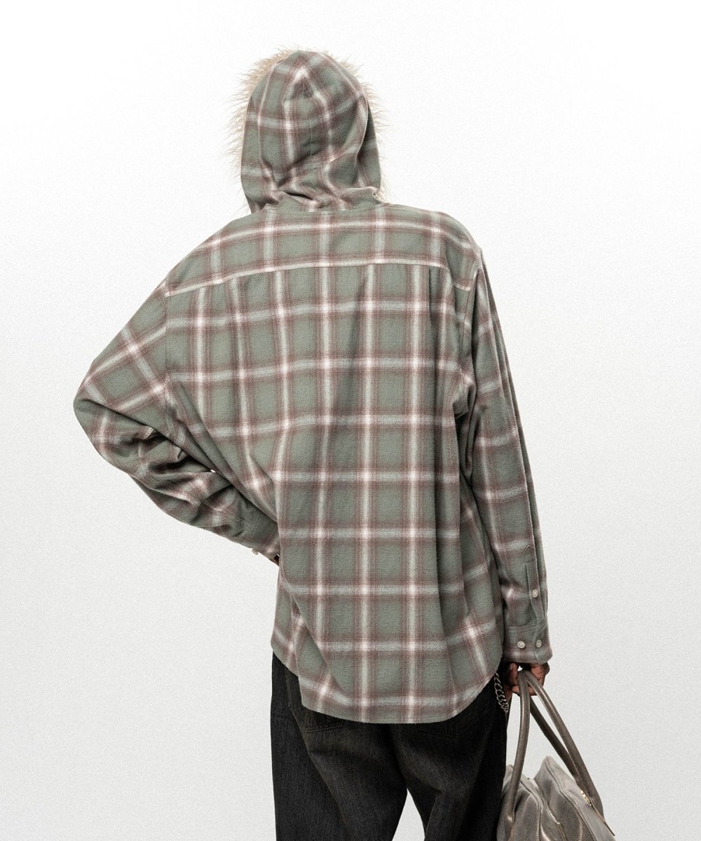 画像6: KAMIYA Fur-Trimmed Hooded Check Shirt (6)