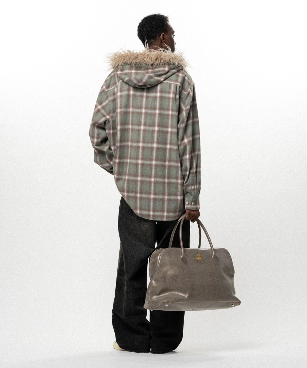 画像5: KAMIYA Fur-Trimmed Hooded Check Shirt (5)