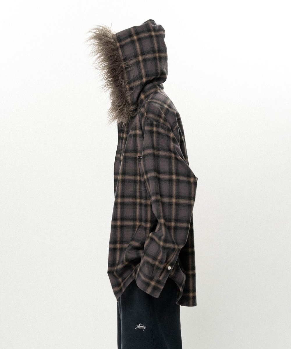 画像6: KAMIYA Fur-Trimmed Hooded Check Shirt (6)