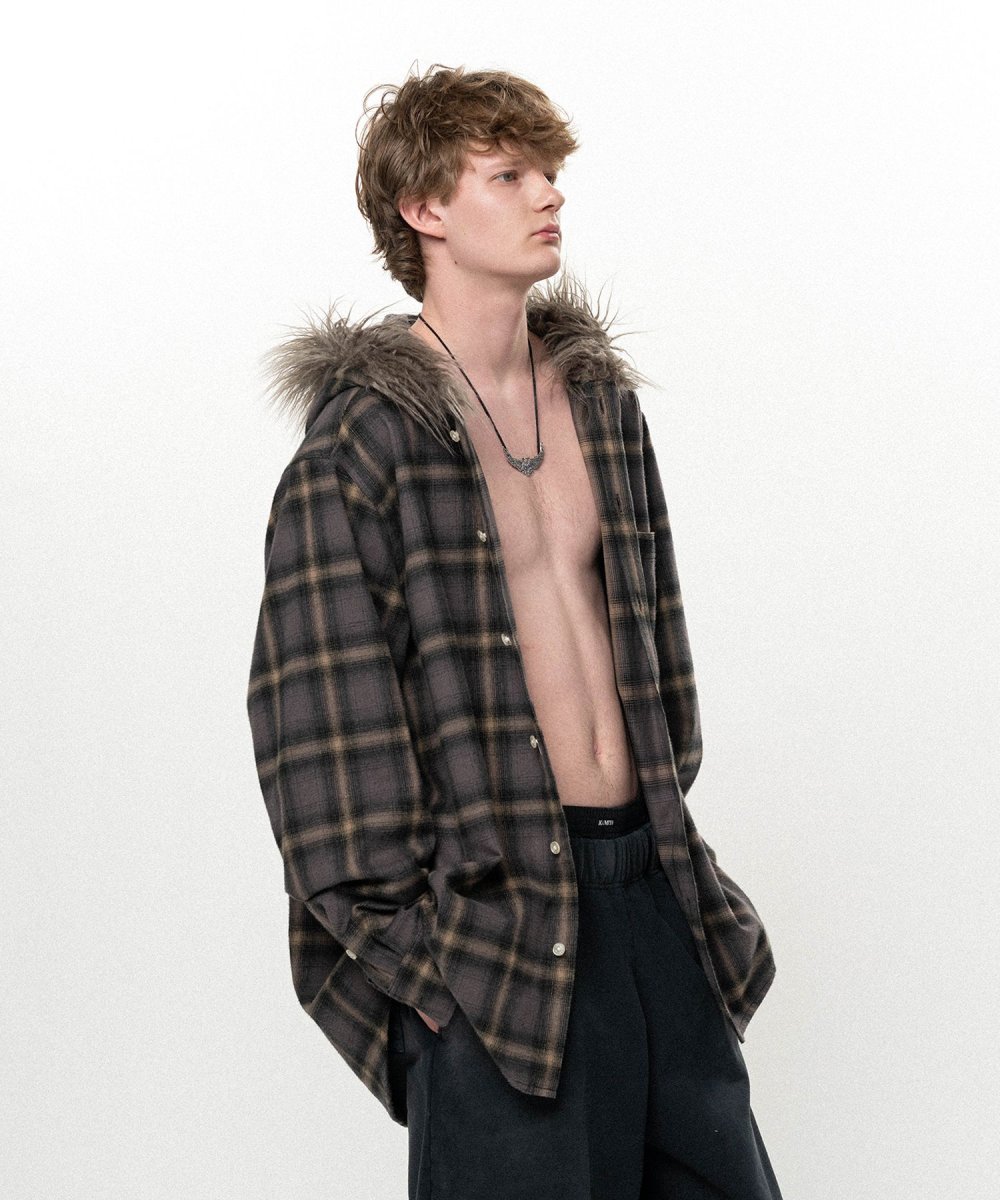 画像7: KAMIYA Fur-Trimmed Hooded Check Shirt (7)