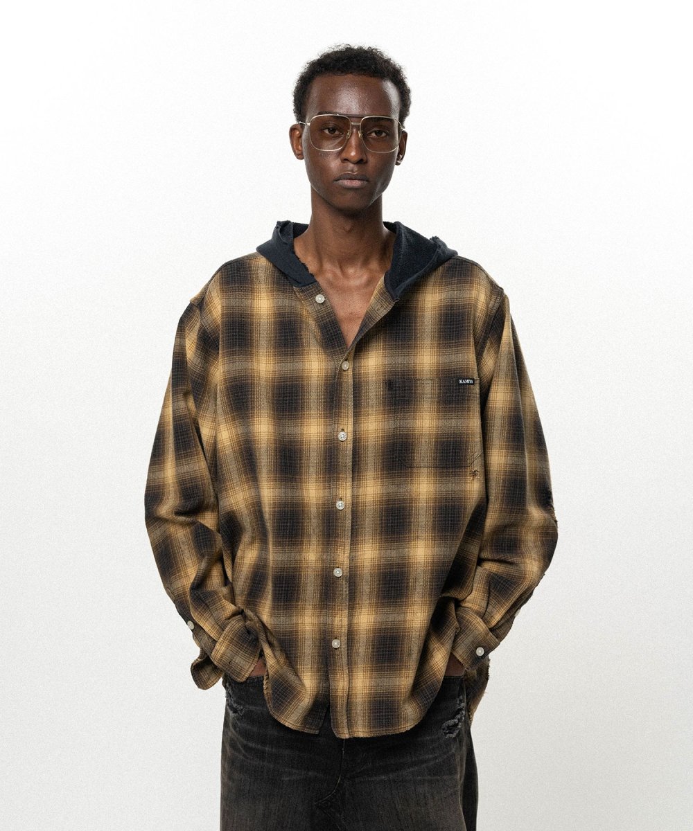 画像1: KAMIYA OG Check Sun-Faded Hooded Shirt (1)