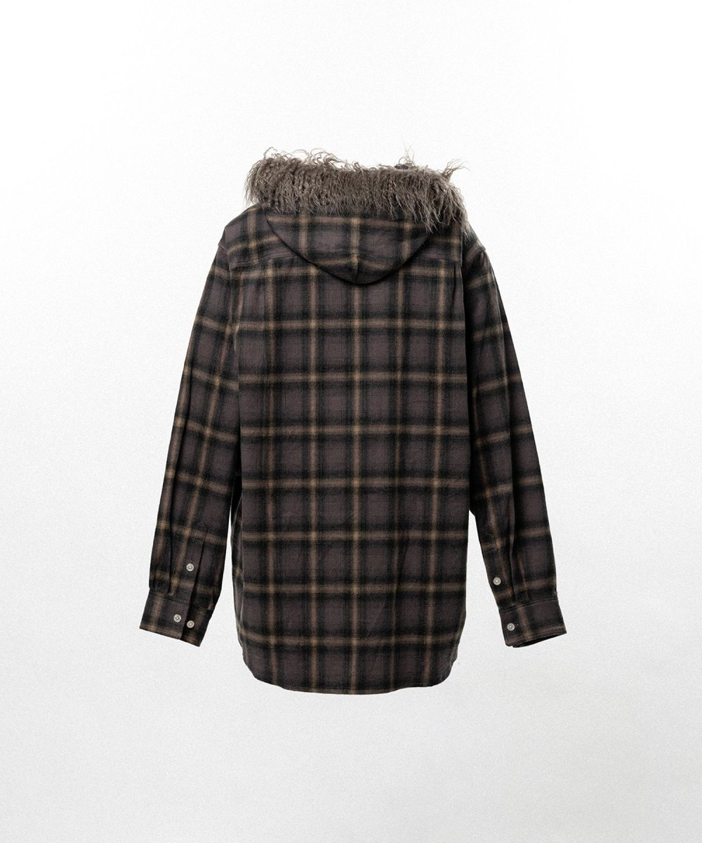 画像2: KAMIYA Fur-Trimmed Hooded Check Shirt (2)