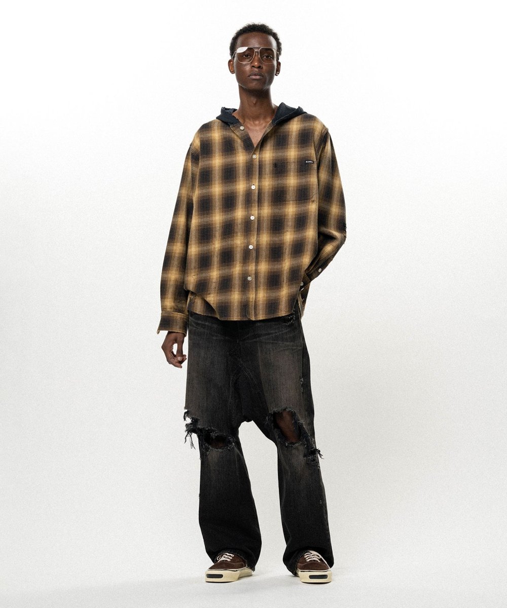 画像2: KAMIYA OG Check Sun-Faded Hooded Shirt (2)