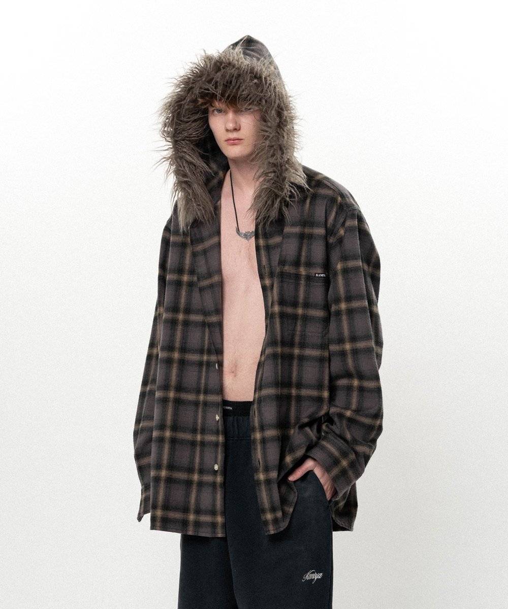 画像4: KAMIYA Fur-Trimmed Hooded Check Shirt (4)