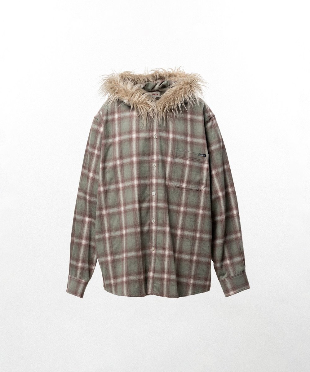 画像1: KAMIYA Fur-Trimmed Hooded Check Shirt (1)