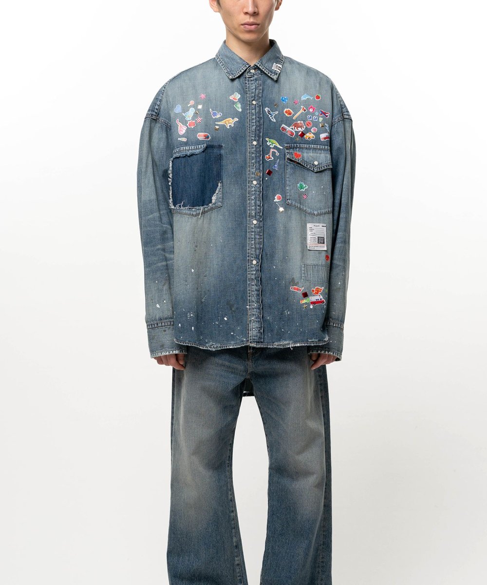 画像1: Kids Sticker Printed Denim Shirt (1)
